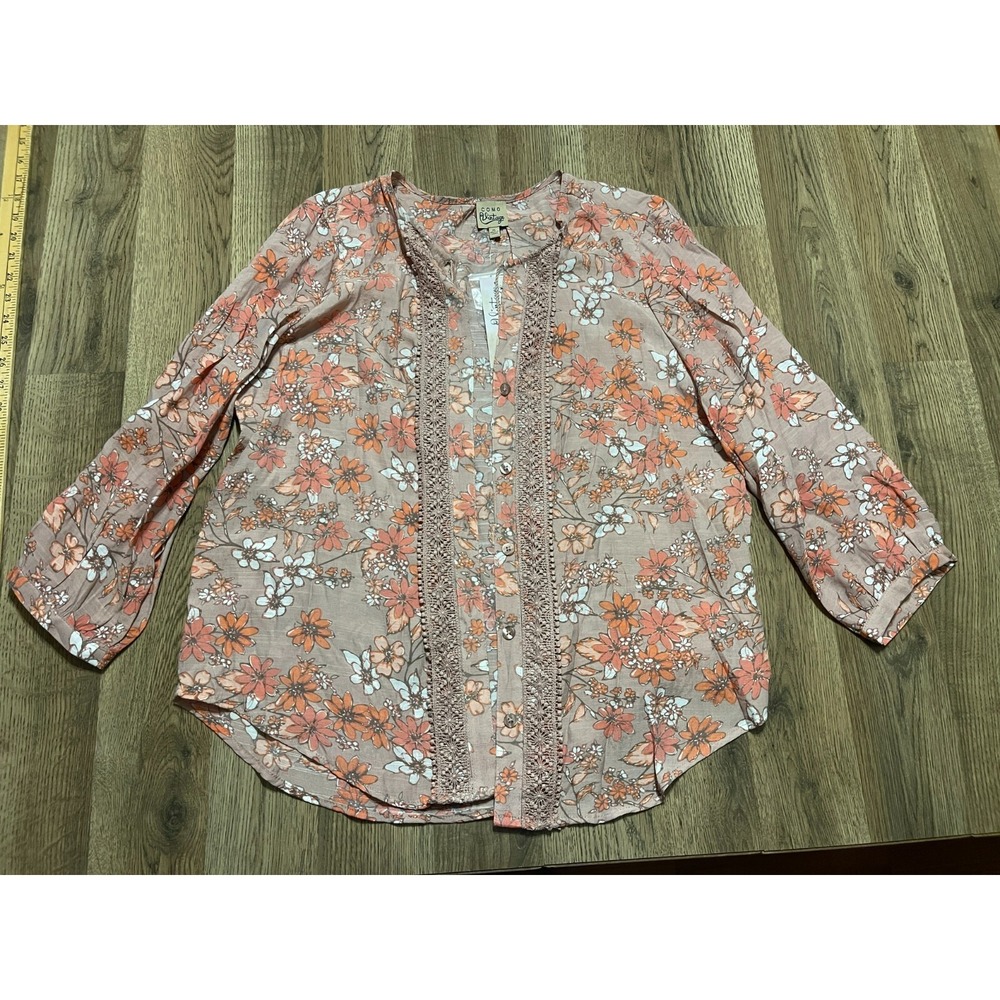 Como Vintage Blouse, Women's Size XL, Orange Pink White, Floral, Button Up